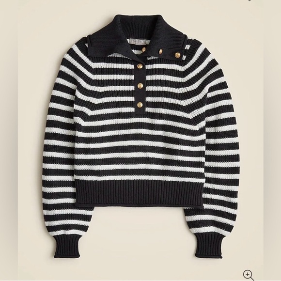 J. Crew Ribbed Cotton Button-Collar Sweater in Black and White Stripe Size XL - Picture 2 of 8